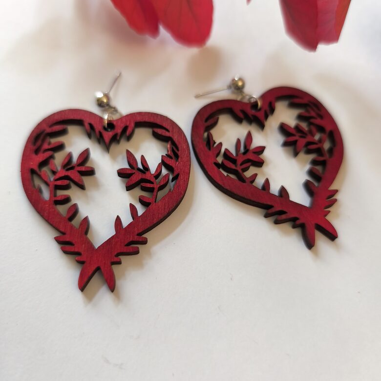 Wooden earrings - hearts and leaves №2