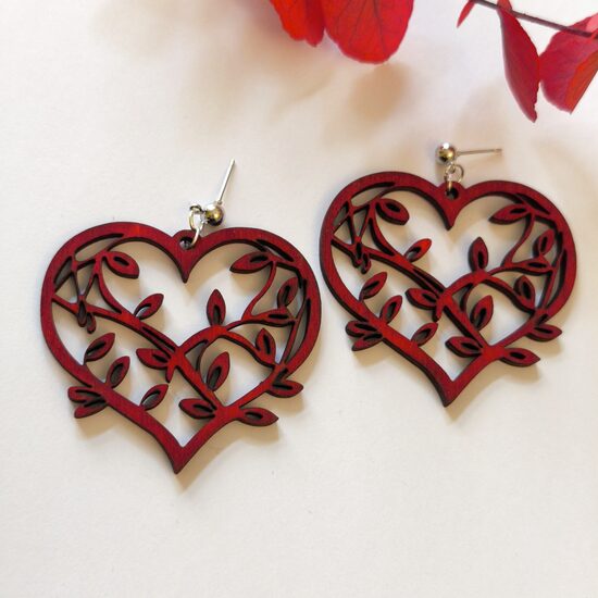 Wooden earrings - hearts and leaves №1