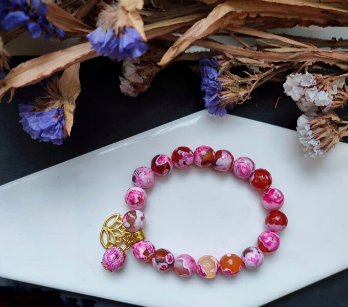 Bright Pink Agate Bracelet with Lotus Pendant