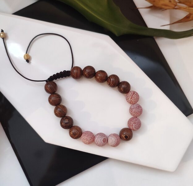 Unisex adjustable wooden and matte agate bracelet #brown #white