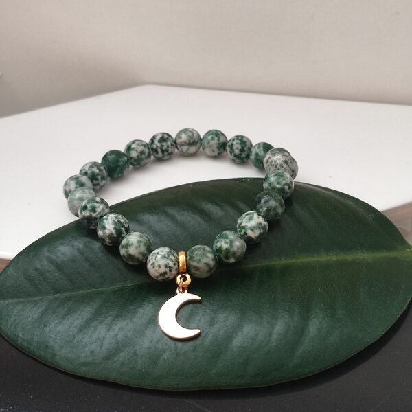 Green and white jasper bracelet with a crescent moon #green #white