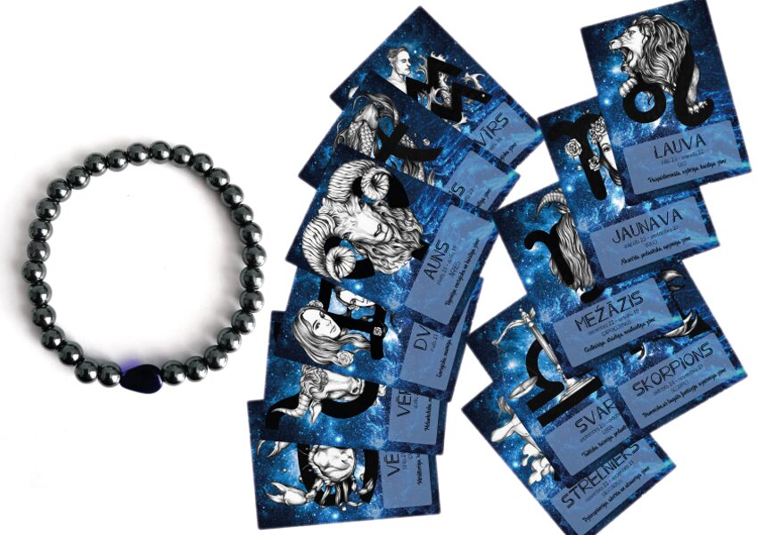 Hematite bracelet with blue glass stone and Zodiac card