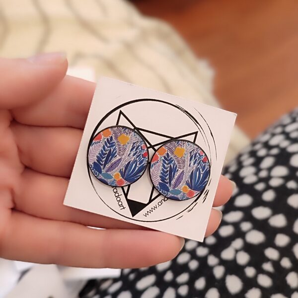 stud earrings Blue leaves #blue #orange #yellow