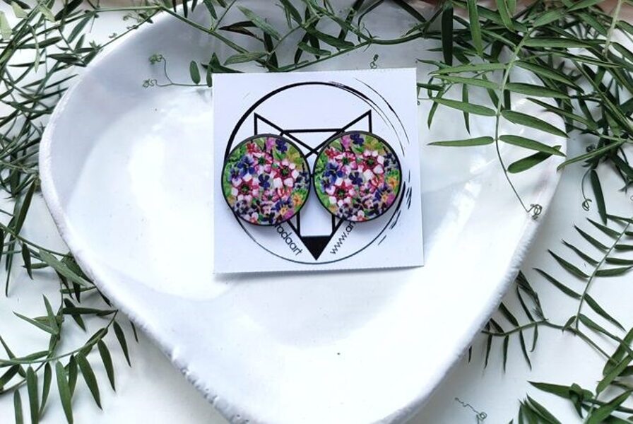 stud earrings Colorful flowers II #purple #green #blue #pink