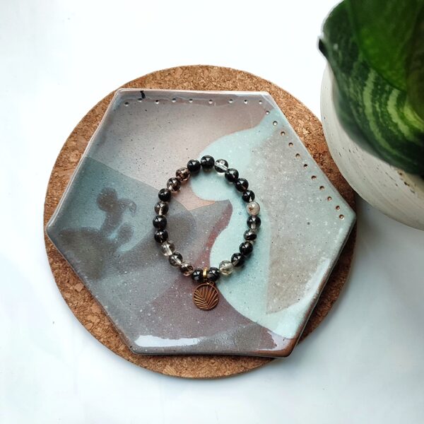 Black and Grey Agate Bracelet with Palm Leaf Charm