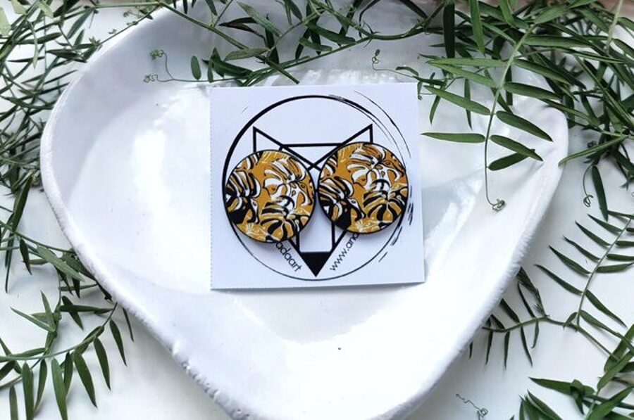 Auskari Monsteras lapas #dzeltens #melns #balts