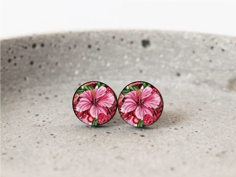 stud earrings Hibiscus flower and berries #pink #red #green