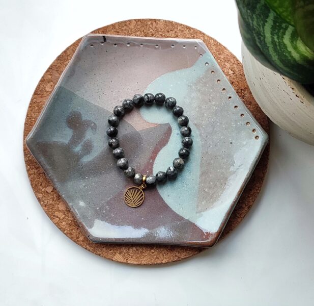 Gray Larvikite bracelet with palm leaf pendant