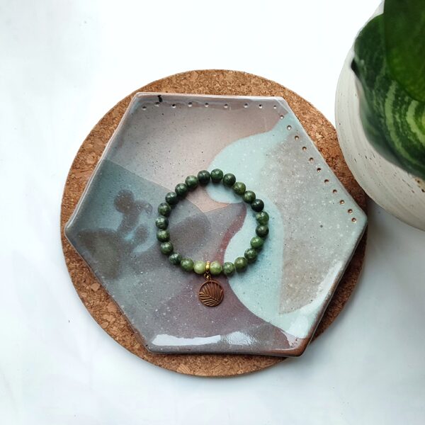 Green jasper bracelet with palm leaf pendant
