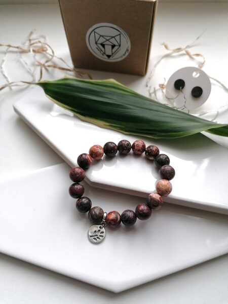 Brown jasper bracelet with leaf pendant