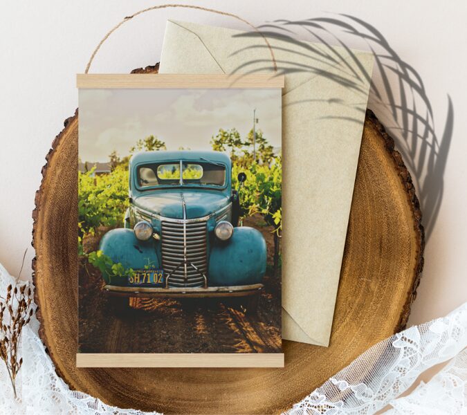 #Blue vintage car on a dirt road